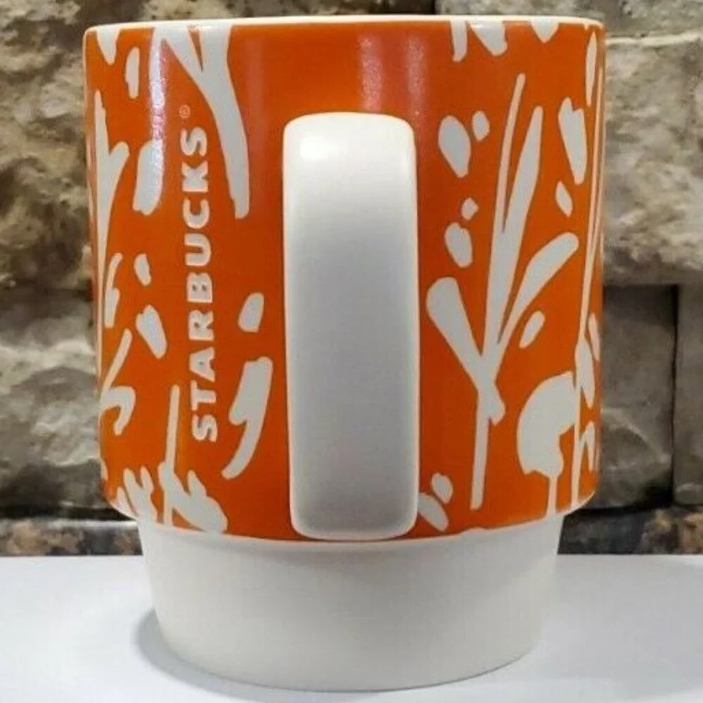 Starbucks Coffee Mug Abstract Floral Pattern Stackable 12 OZ Orange Mug 2016